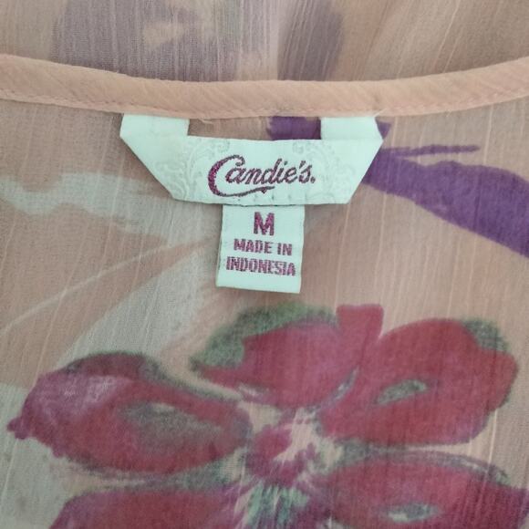 Candie's Floral Pink Flutter Butterfly Sleeve Blouse Top Cinched Waist Sz M - Picture 8 of 9